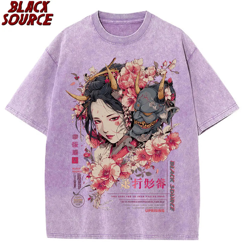 anime-inspired graphic t-shirt with floral design