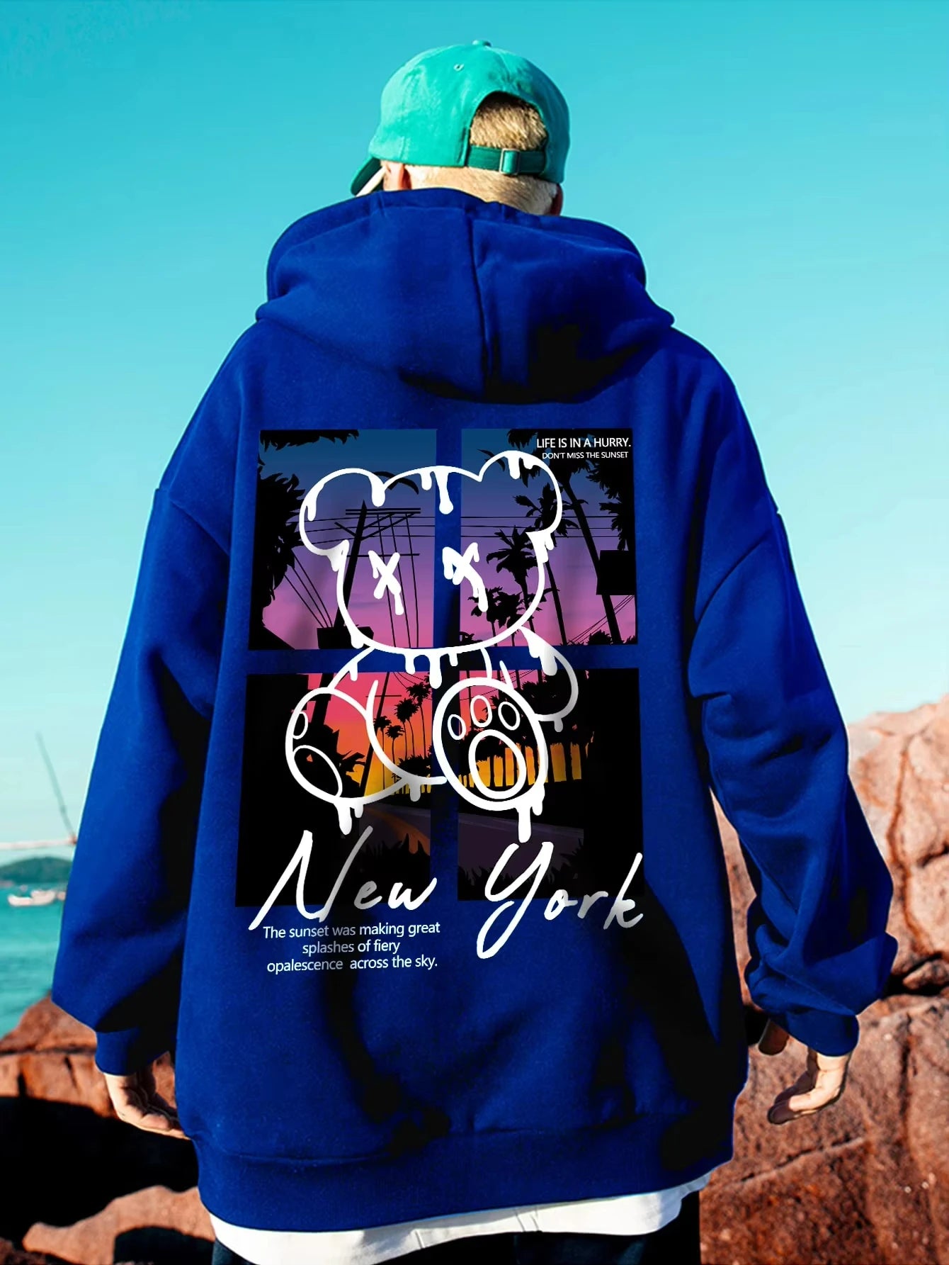 new york cartoon bear sunset hoodie for kids