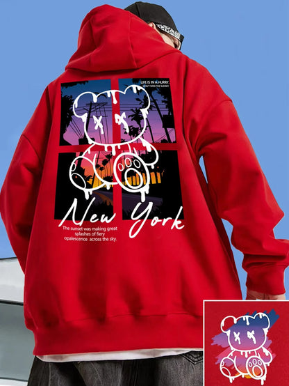 New York Cartoon Bear Sunset Hoodie for Kids