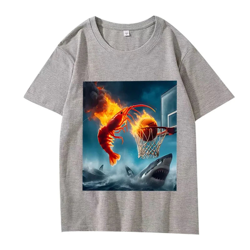 shrimp dunking on shark graphic t-shirt