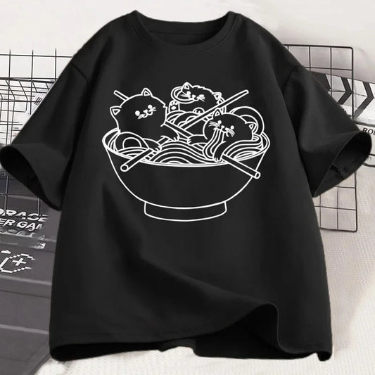 Kawaii Cat Ramen Graphic T-Shirt for Kids