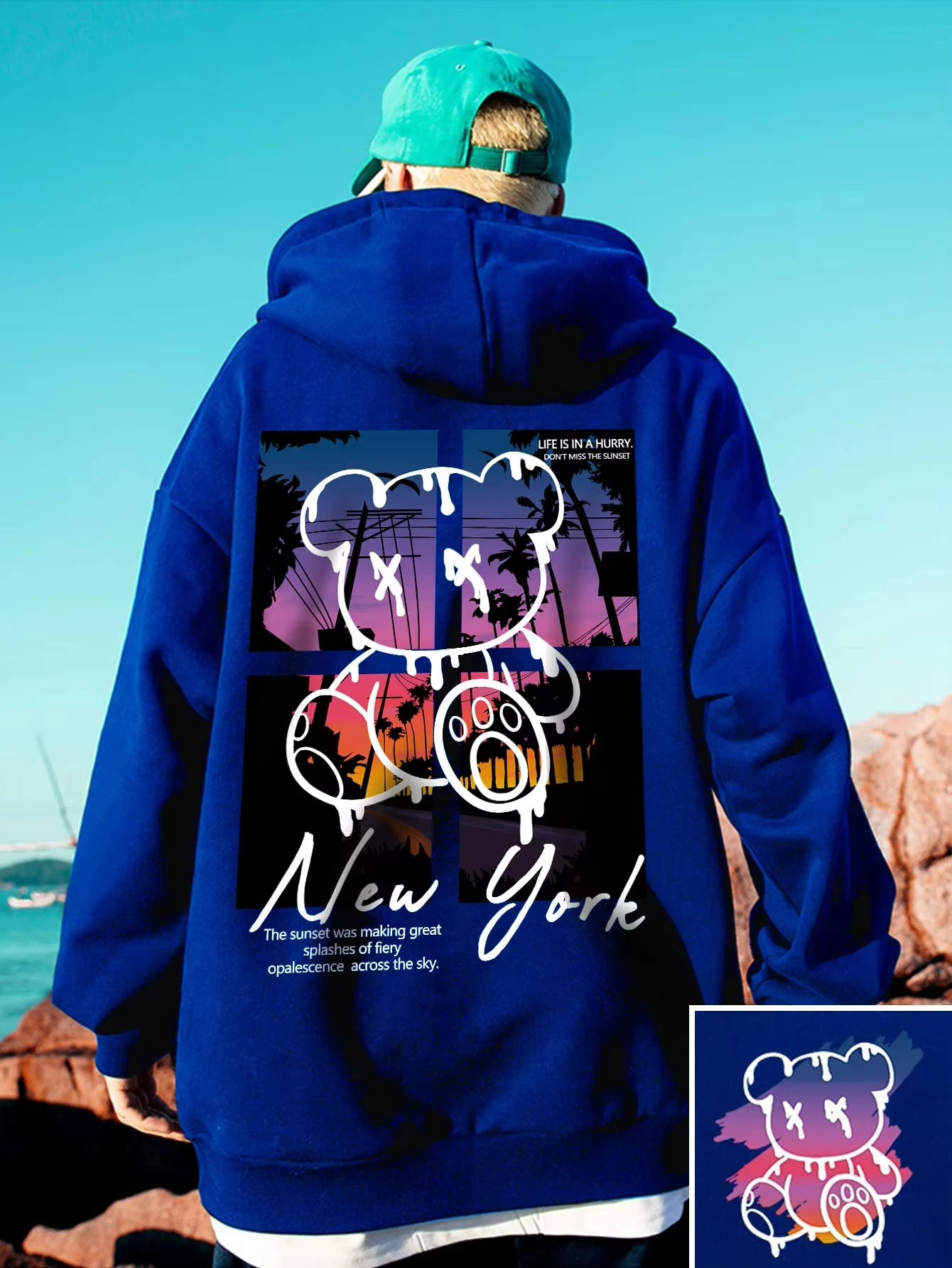 new york cartoon bear sunset hoodie for kids