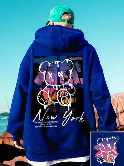 New York Cartoon Bear Sunset Hoodie for Kids