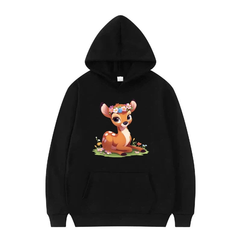 bambi cartoon pattern black hoodie for kids