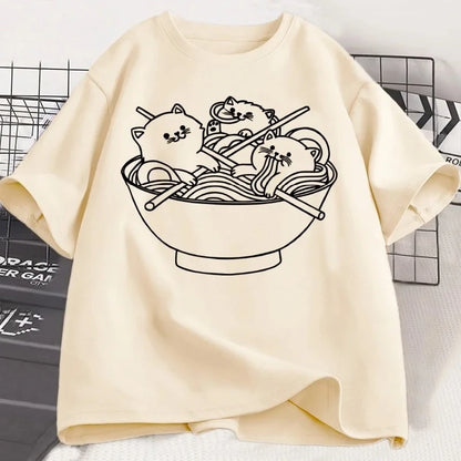 Kawaii Cat Ramen Graphic T-Shirt for Kids