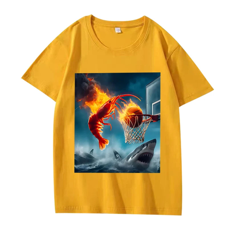 shrimp dunking on shark graphic t-shirt