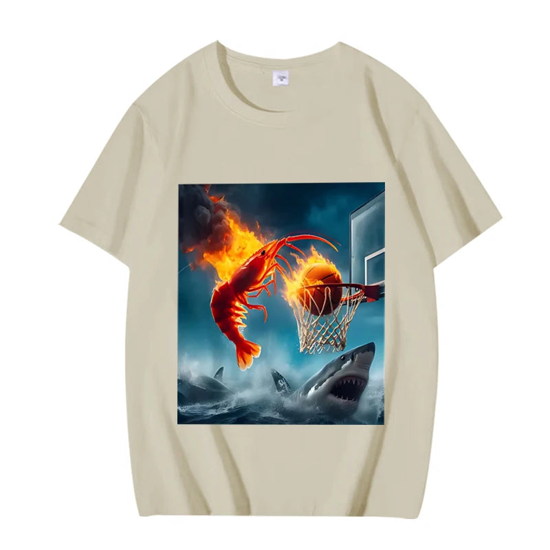 shrimp dunking on shark graphic t-shirt