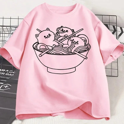 Kawaii Cat Ramen Graphic T-Shirt for Kids