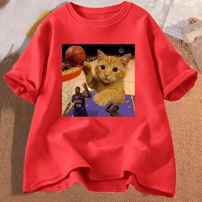 Funny Cat Basketball Meme T-Shirt for Kids