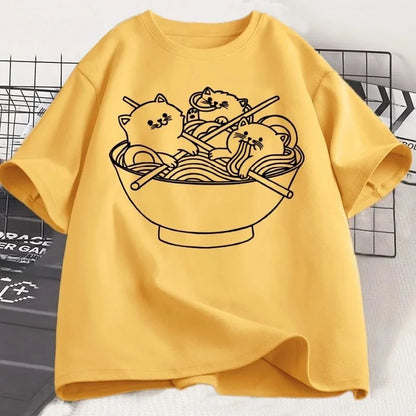 Kawaii Cat Ramen Graphic T-Shirt for Kids
