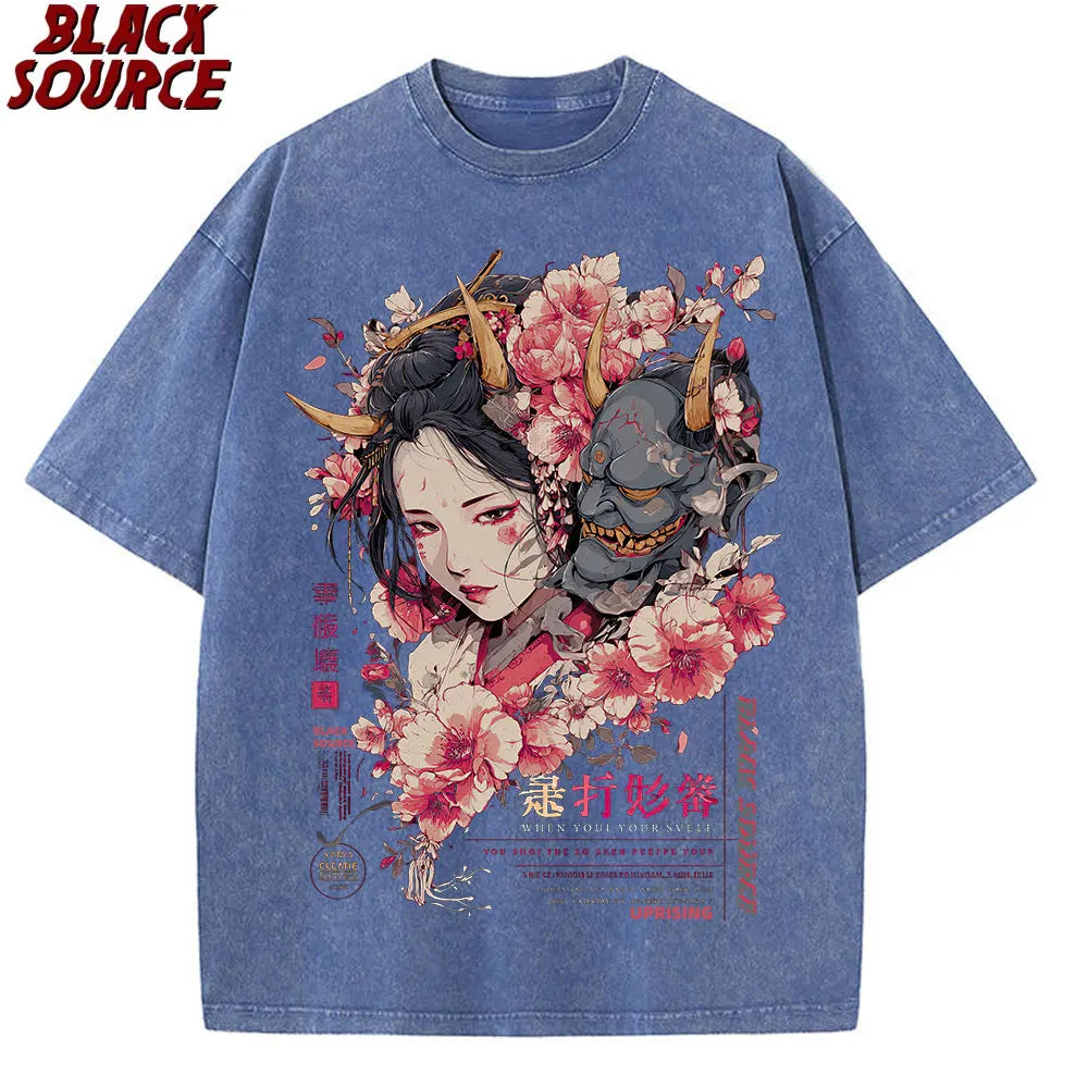 anime-inspired graphic t-shirt with floral design
