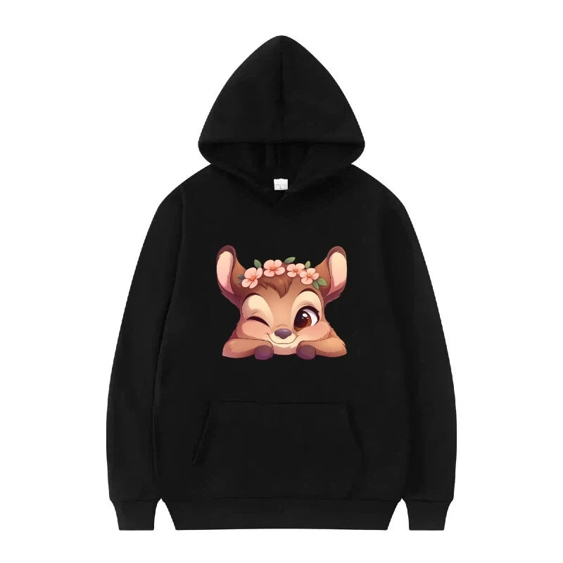 bambi cartoon pattern black hoodie for kids