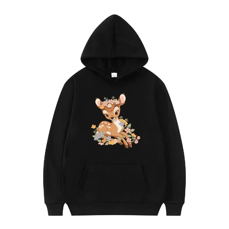 bambi cartoon pattern black hoodie for kids
