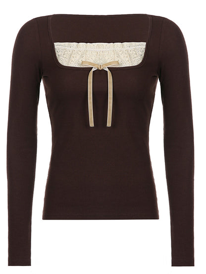 Girls' Long Sleeve Knitted Top with Lace Detail