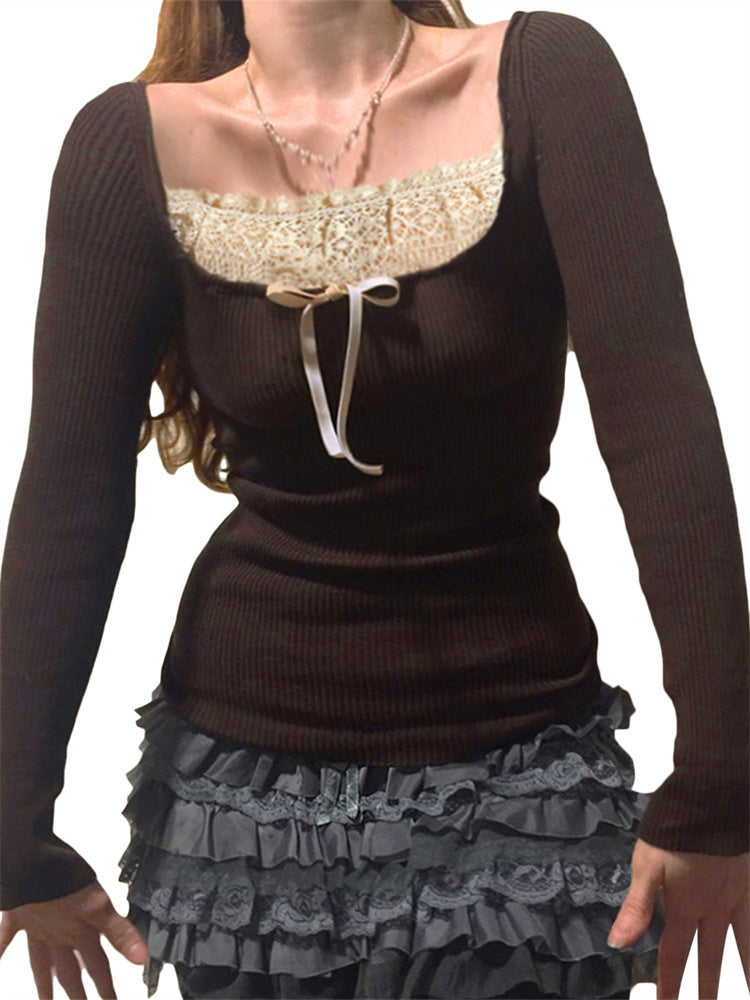 girls' long sleeve knitted top with lace detail