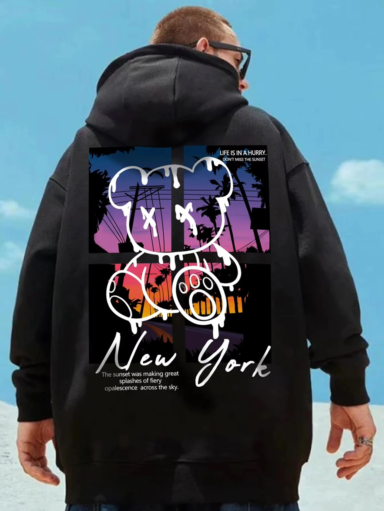 new york cartoon bear sunset hoodie for kids