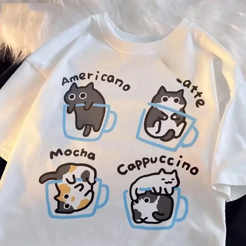 cute cat coffee printed t-shirt for kids