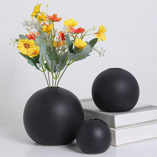 Nordic Black Ball Flower Vase - Ceramic Pot