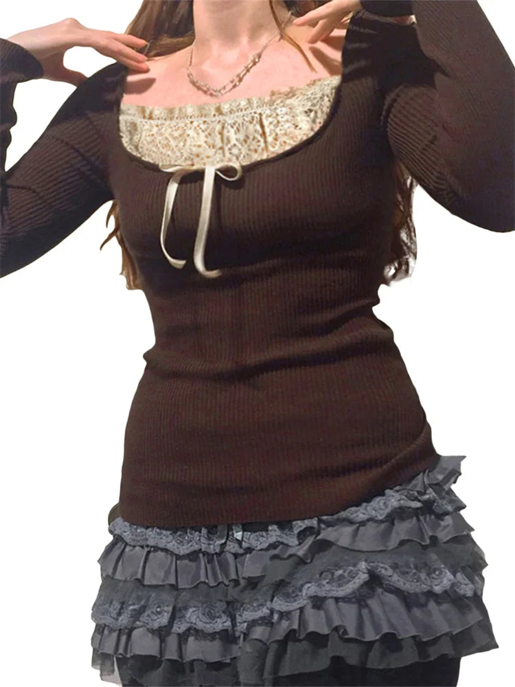 girls' long sleeve knitted top with lace detail
