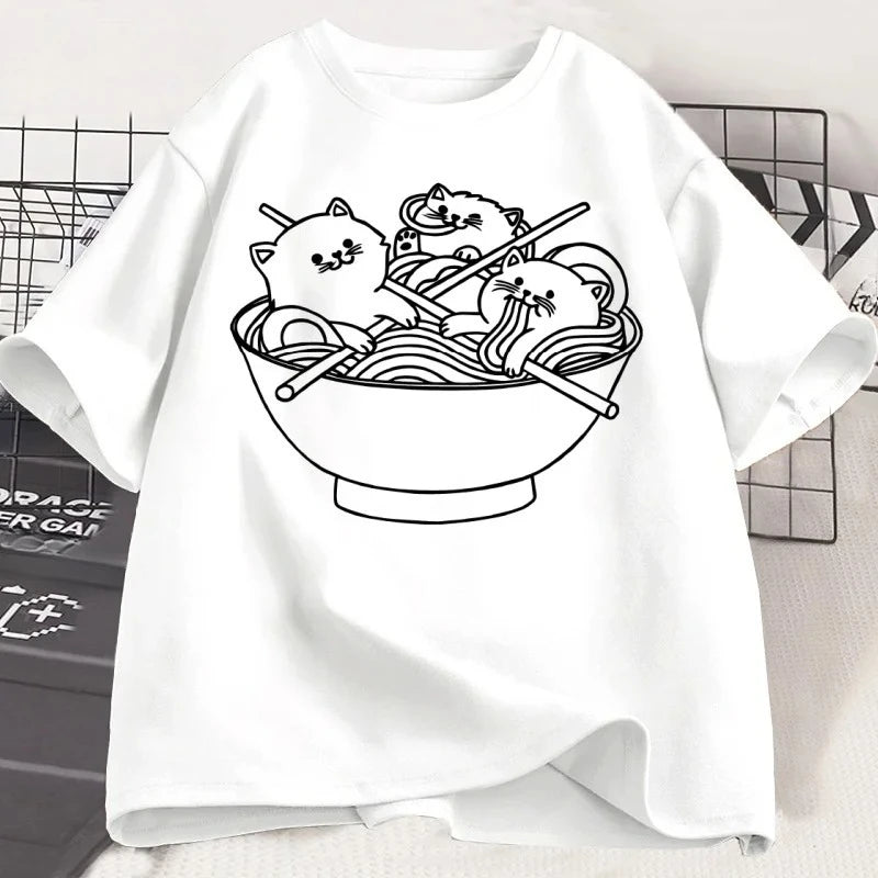 kawaii cat ramen graphic t-shirt for kids