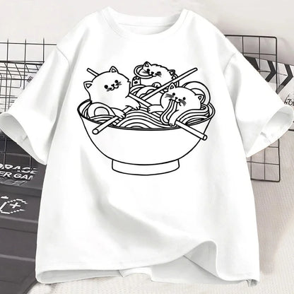 Kawaii Cat Ramen Graphic T-Shirt for Kids