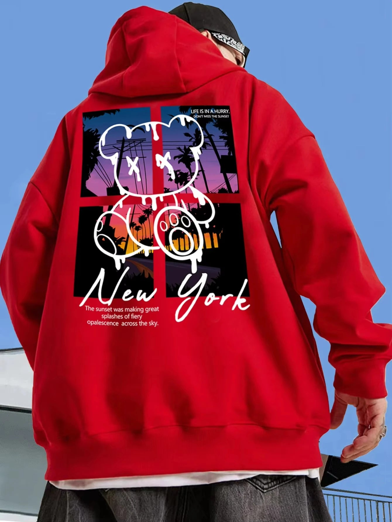 new york cartoon bear sunset hoodie for kids