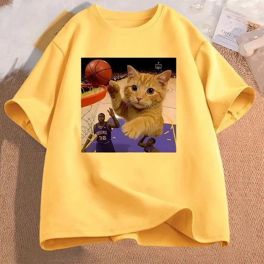Funny Cat Basketball Meme T-Shirt for Kids