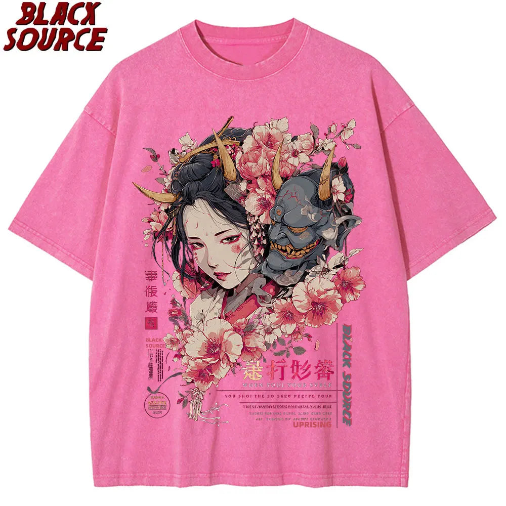 anime-inspired graphic t-shirt with floral design