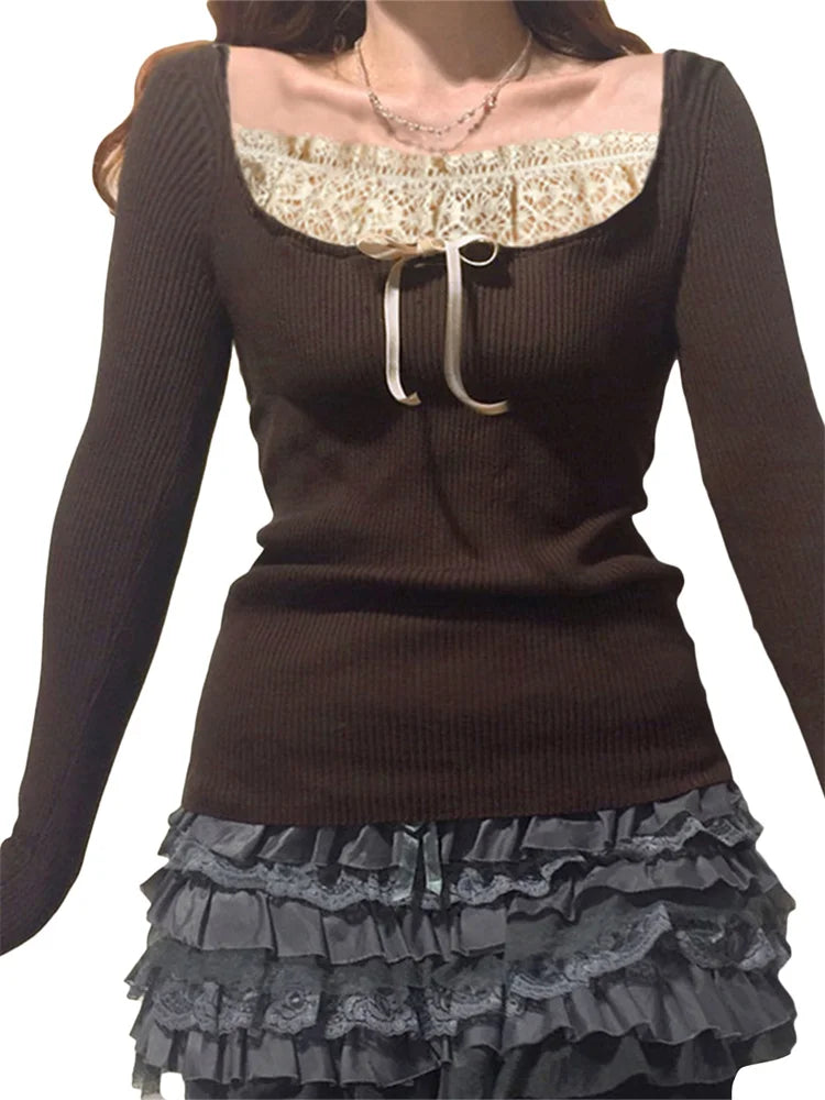 girls' long sleeve knitted top with lace detail