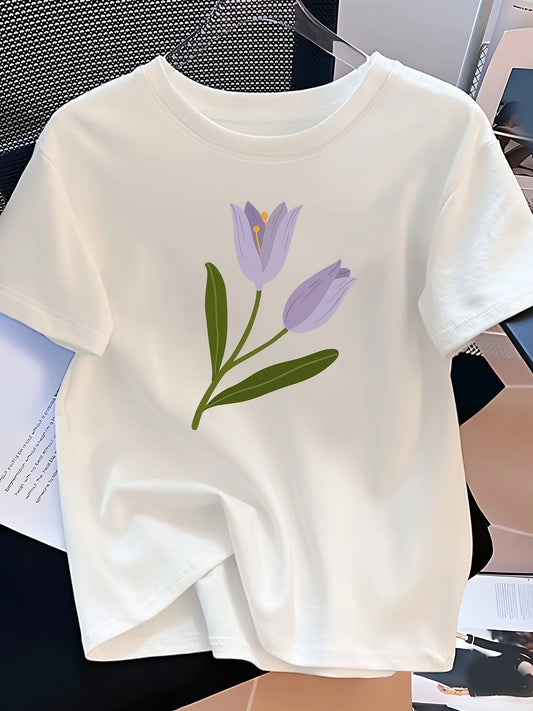 Kids' Casual Crew Neck T-shirt with Tulip Print