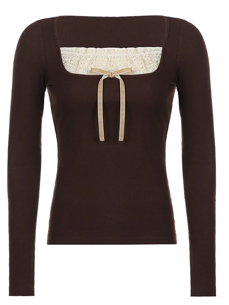 girls' long sleeve knitted top with lace detail