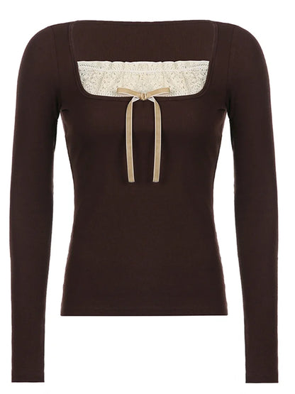 Girls' Long Sleeve Knitted Top with Lace Detail