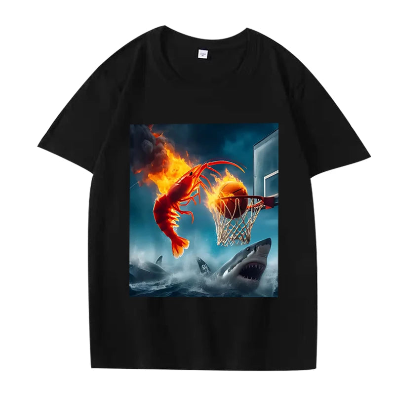 shrimp dunking on shark graphic t-shirt