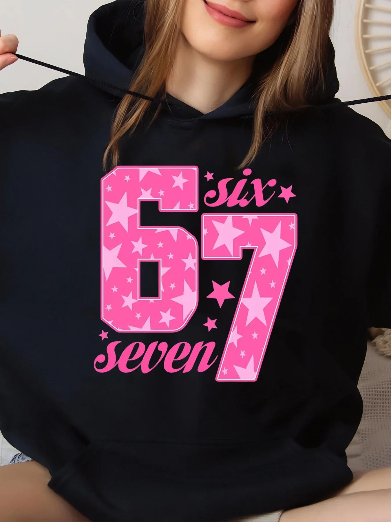 pink star pattern 67 six seven hoodie
