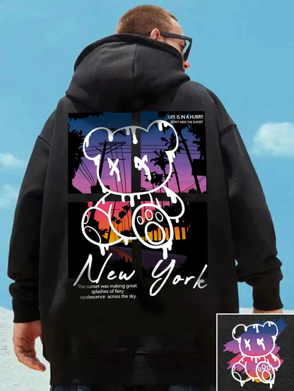 New York Cartoon Bear Sunset Hoodie for Kids