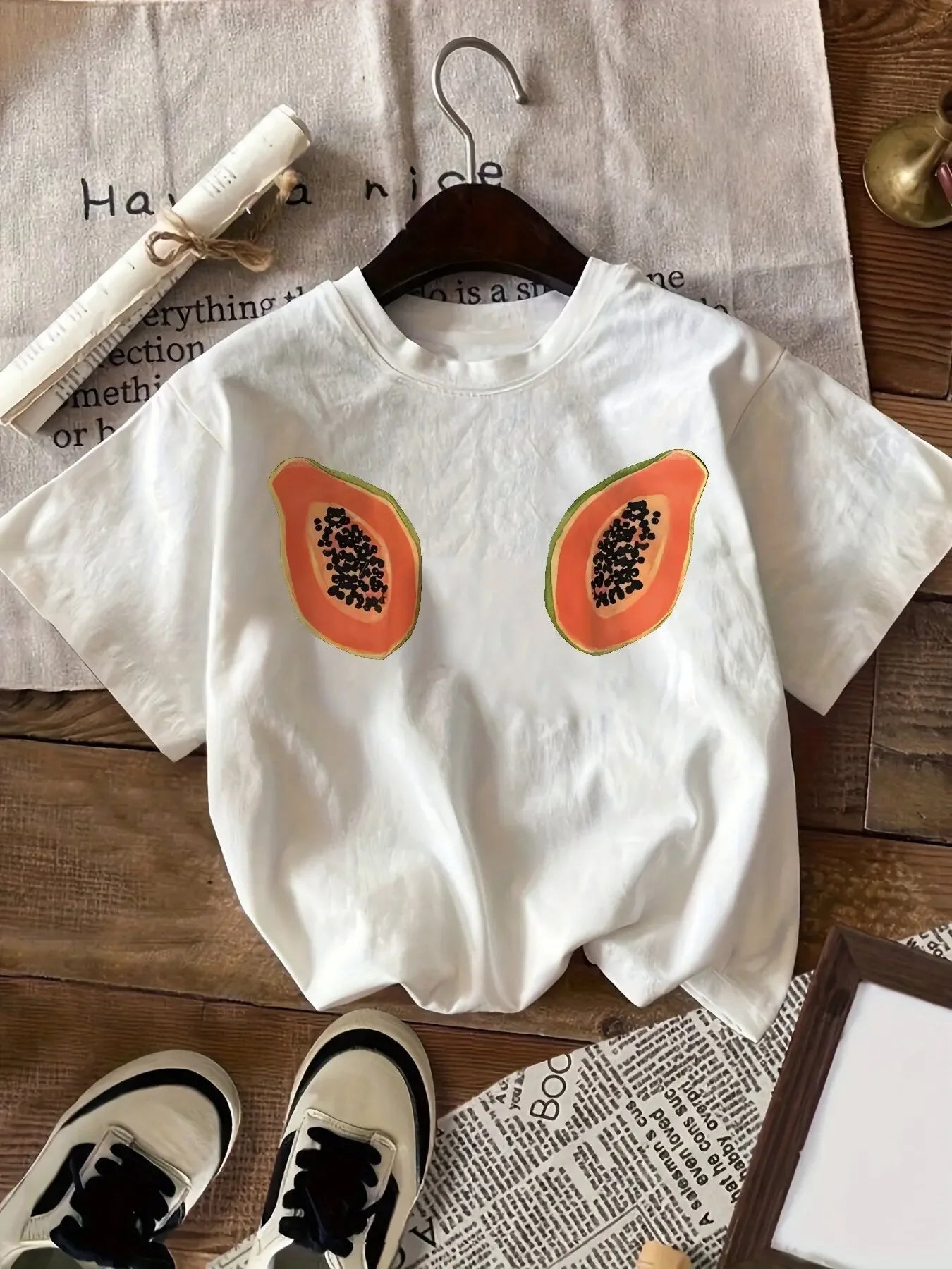 papaya print round neck t-shirt for kids