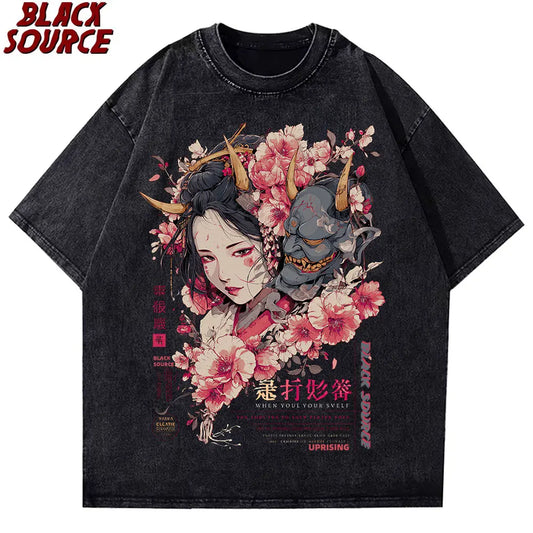 Anime-Inspired Graphic T-Shirt with Floral Design