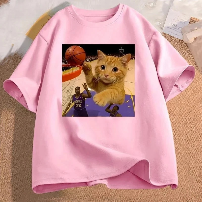 funny cat basketball meme t-shirt for kids