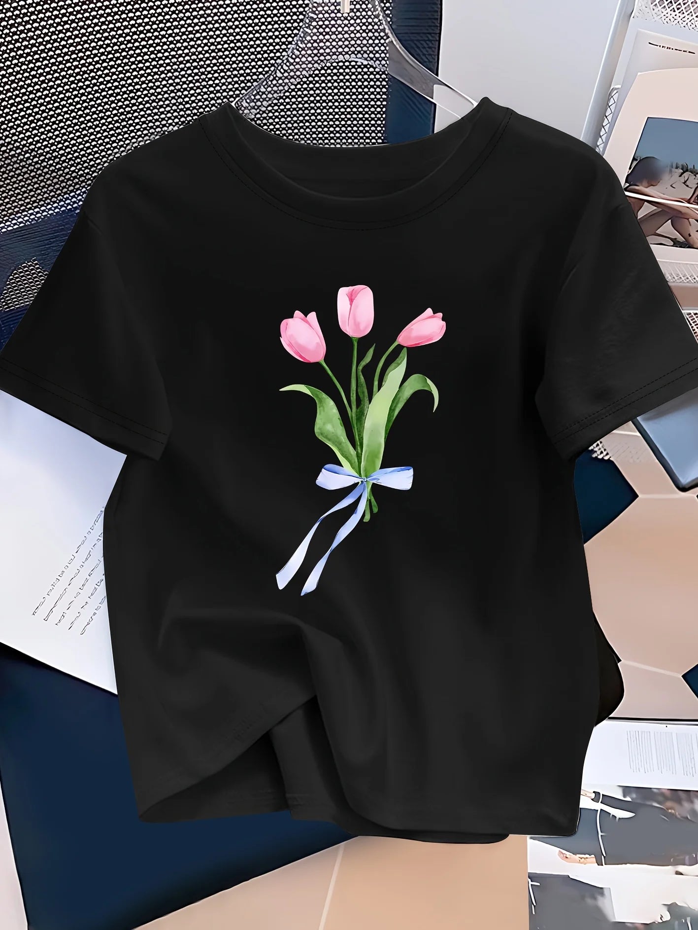 kids' black t-shirt with pink tulip print
