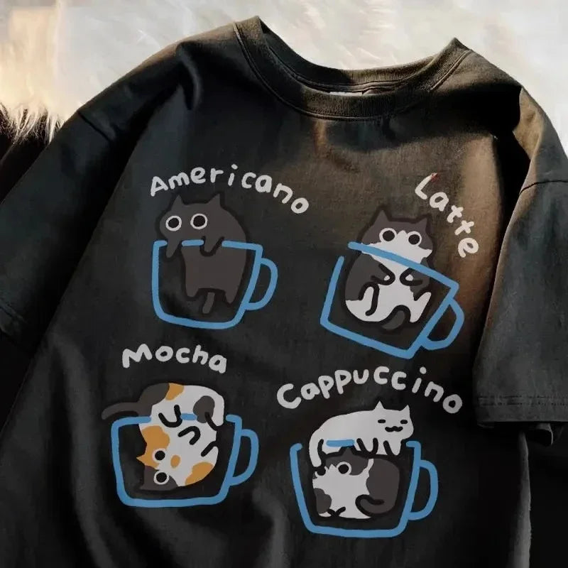 cute cat coffee printed t-shirt for kids