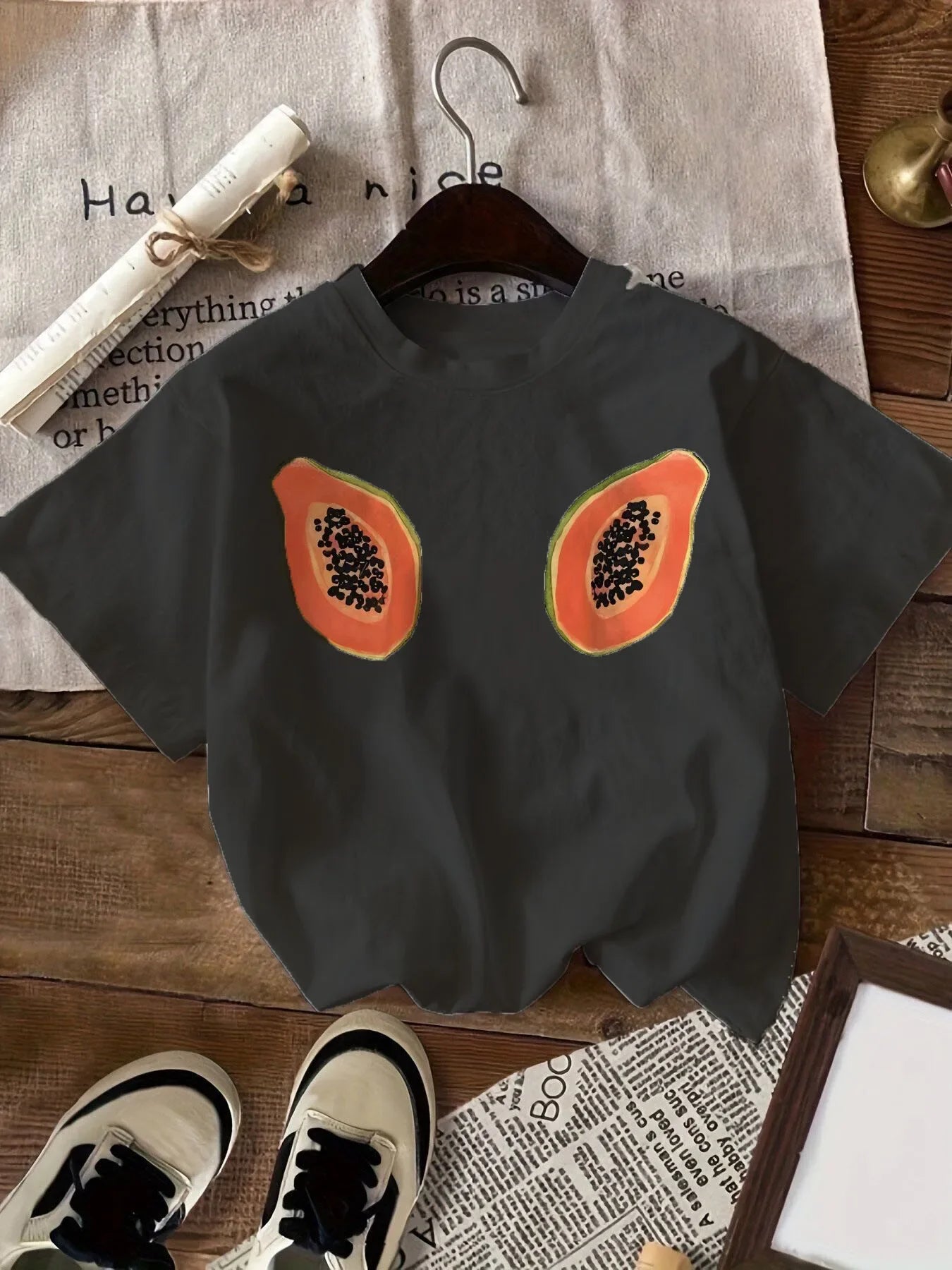 papaya print round neck t-shirt for kids