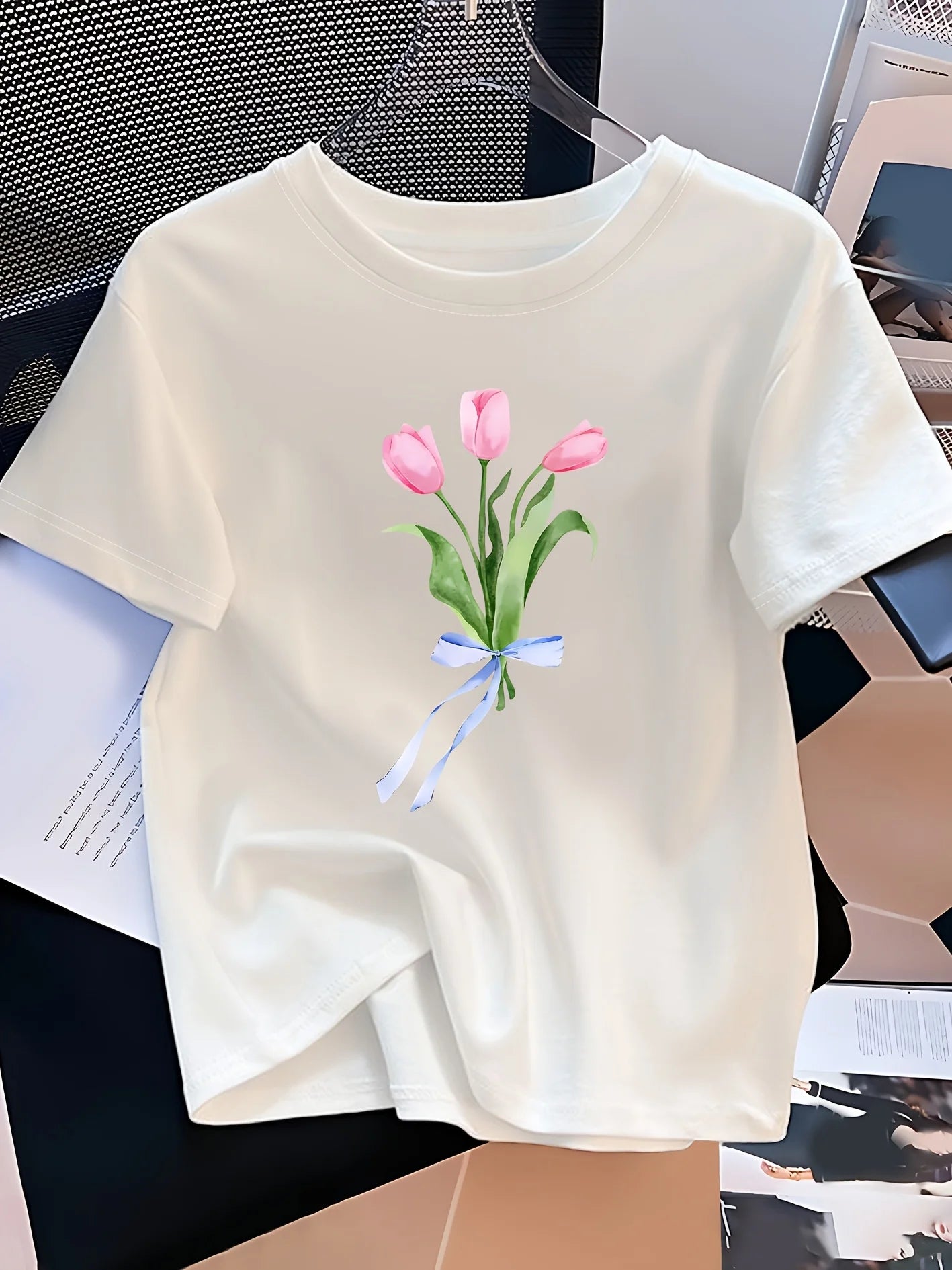kids' black t-shirt with pink tulip print