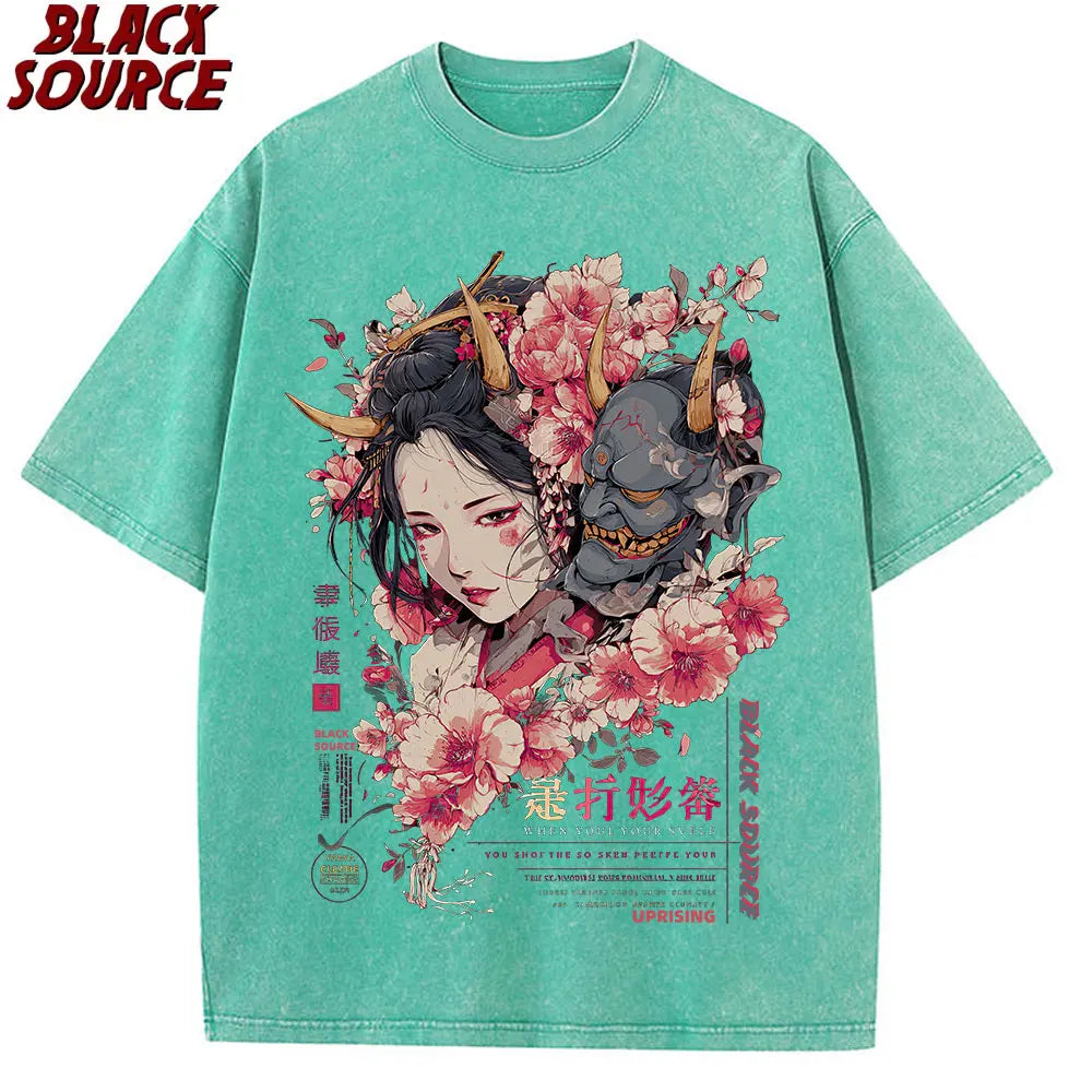 anime-inspired graphic t-shirt with floral design